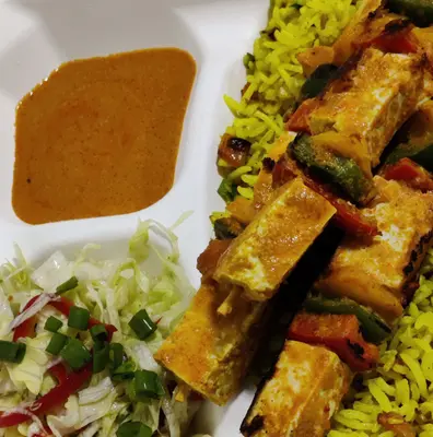 Tofu Satay with Singaporean fried rice 